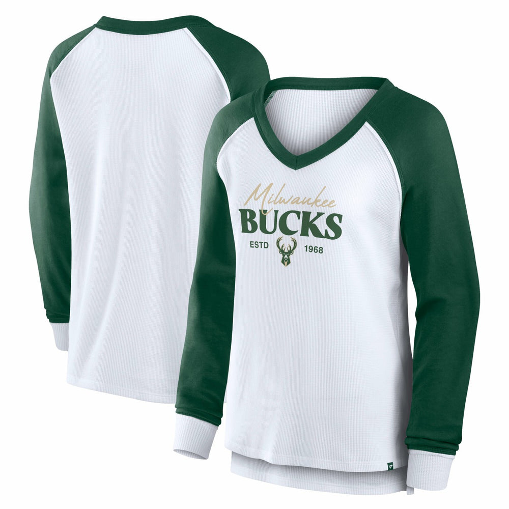 Milwaukee Bucks Women's Open Lane Waffle Long Sleeve V-Neck T-Shirt White - NBA