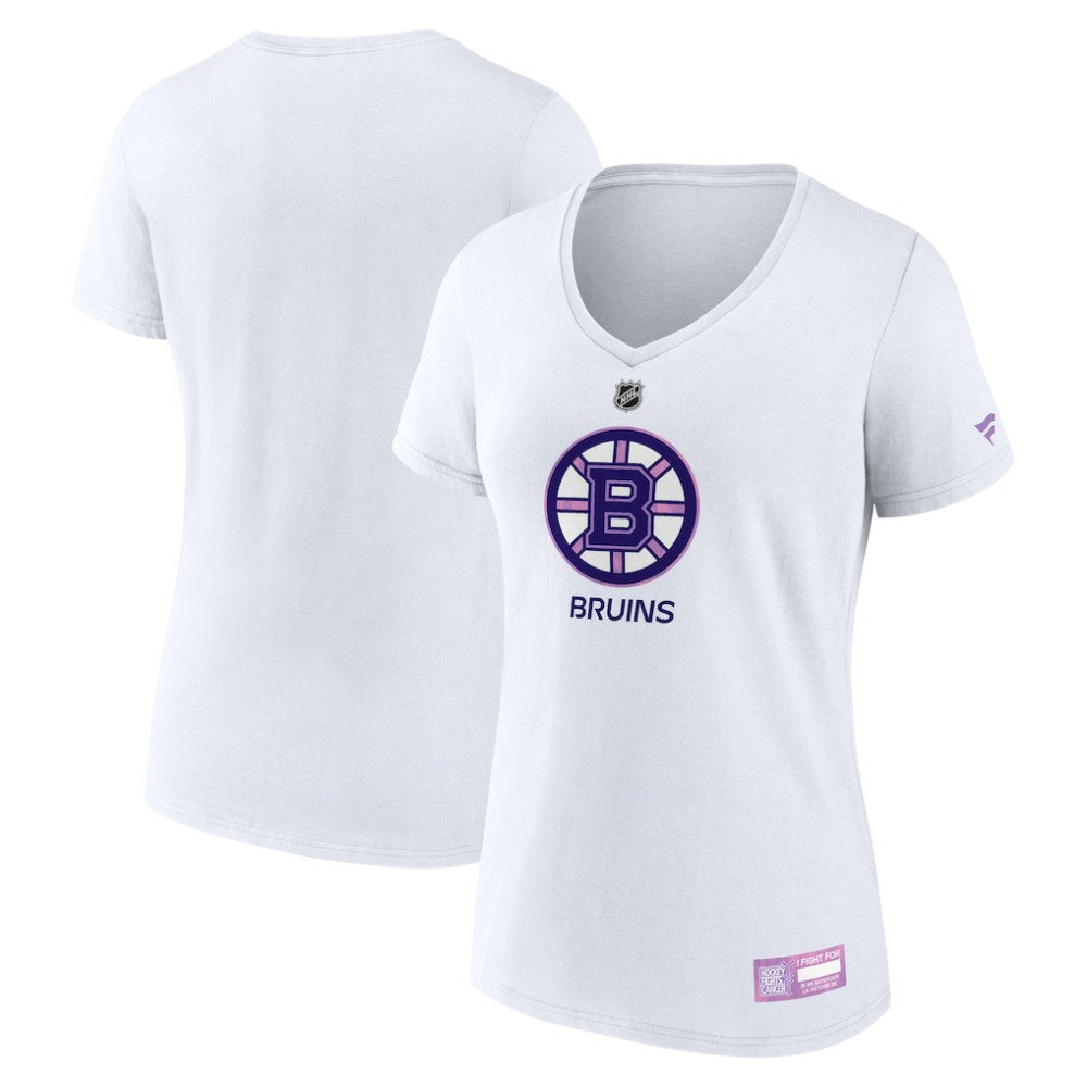 Boston Bruins Fanatics Women's 2024 Hockey Fights Cancer V-Neck T-Shirt - White - NHL
