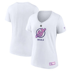 New Jersey Devils Fanatics Women's 2024 Hockey Fights Cancer V-Neck T-Shirt - White - NHL