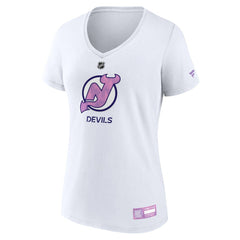 New Jersey Devils Fanatics Women's 2024 Hockey Fights Cancer V-Neck T-Shirt - White - NHL