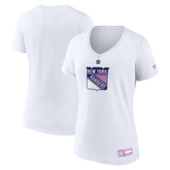 New York Rangers Fanatics Women's 2024 Hockey Fights Cancer V-Neck T-Shirt - White - NHL