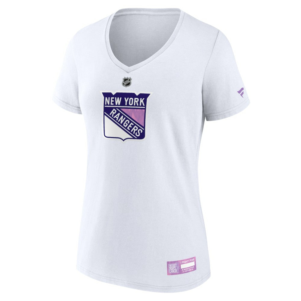 New York Rangers Fanatics Women's 2024 Hockey Fights Cancer V-Neck T-Shirt - White - NHL
