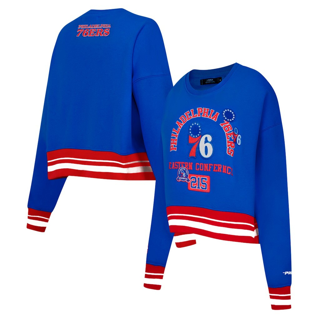 Philadelphia 76ers Pro Standard Women's Area Code Cropped Pullover Sweatshirt Royal - NBA