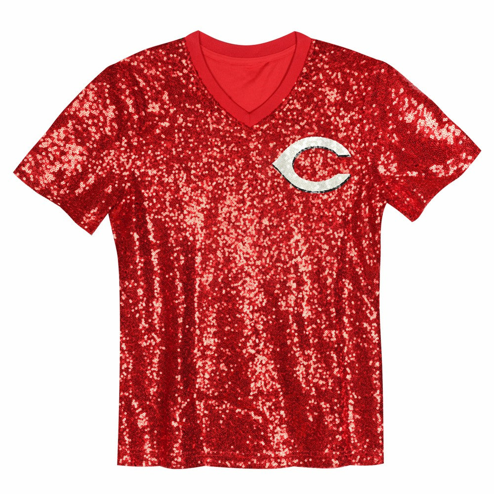 Elly De La Cruz Cincinnati Reds Juniors Name & Number Sequin V-Neck Top - MLB