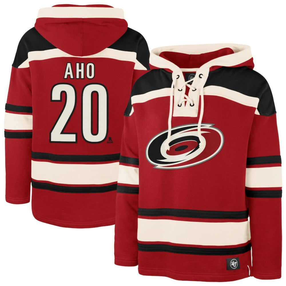 Sebastian Aho Carolina Hurricanes '47 Player Name & Number Lacer Pullover Hoodie - Red - NHL