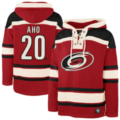 Sebastian Aho Carolina Hurricanes '47 Player Name & Number Lacer Pullover Hoodie - Red - NHL