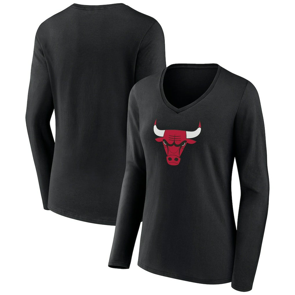Chicago Bulls Women's Primary Logo Long Sleeve V-Neck T-Shirt Black - NBA