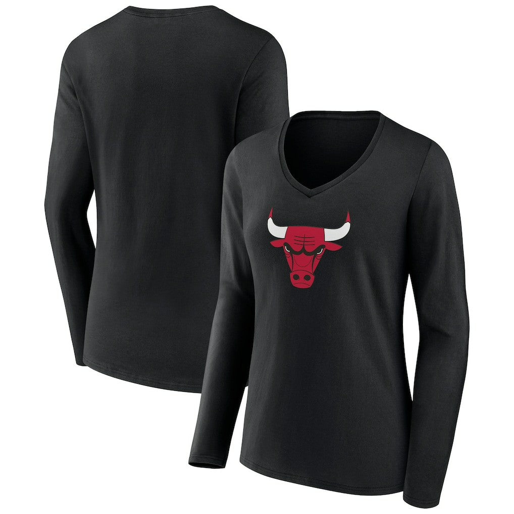 Chicago Bulls Women's Primary Logo Long Sleeve V-Neck T-Shirt Black - NBA