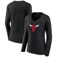 Chicago Bulls Women's Primary Logo Long Sleeve V-Neck T-Shirt Black - NBA