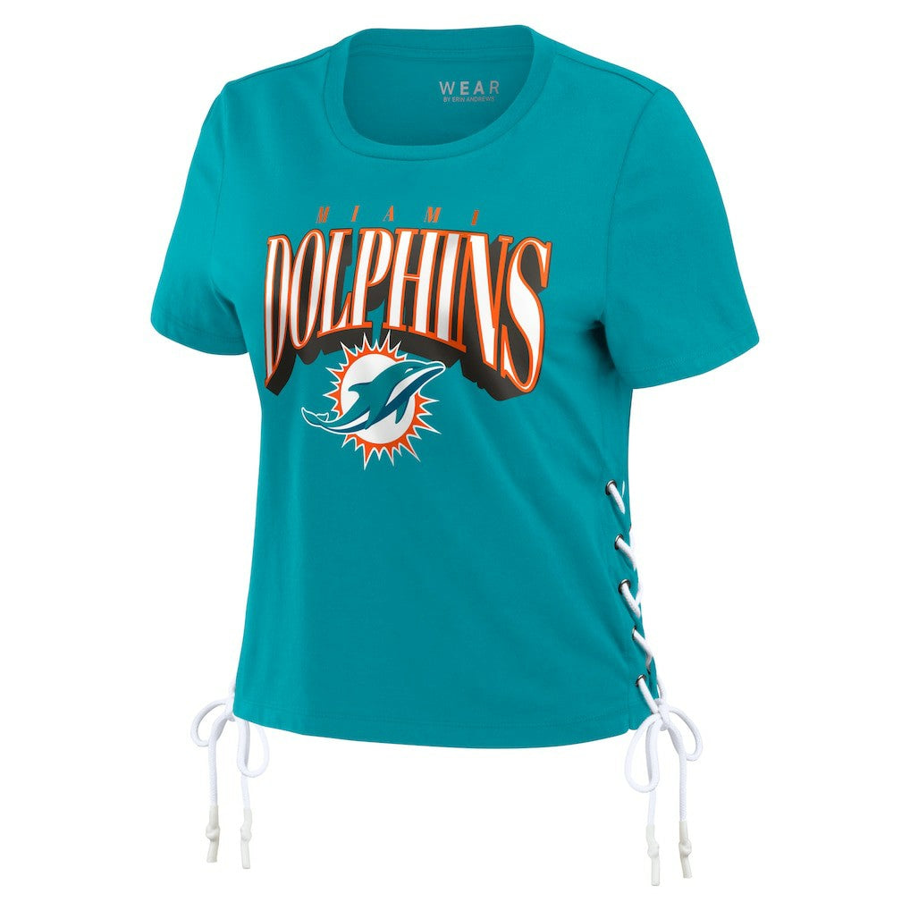 Miami Dolphins WEAR by Erin Andrews Women's Lace Up Side Modest Cropped T-Shirt Aqua | NFL