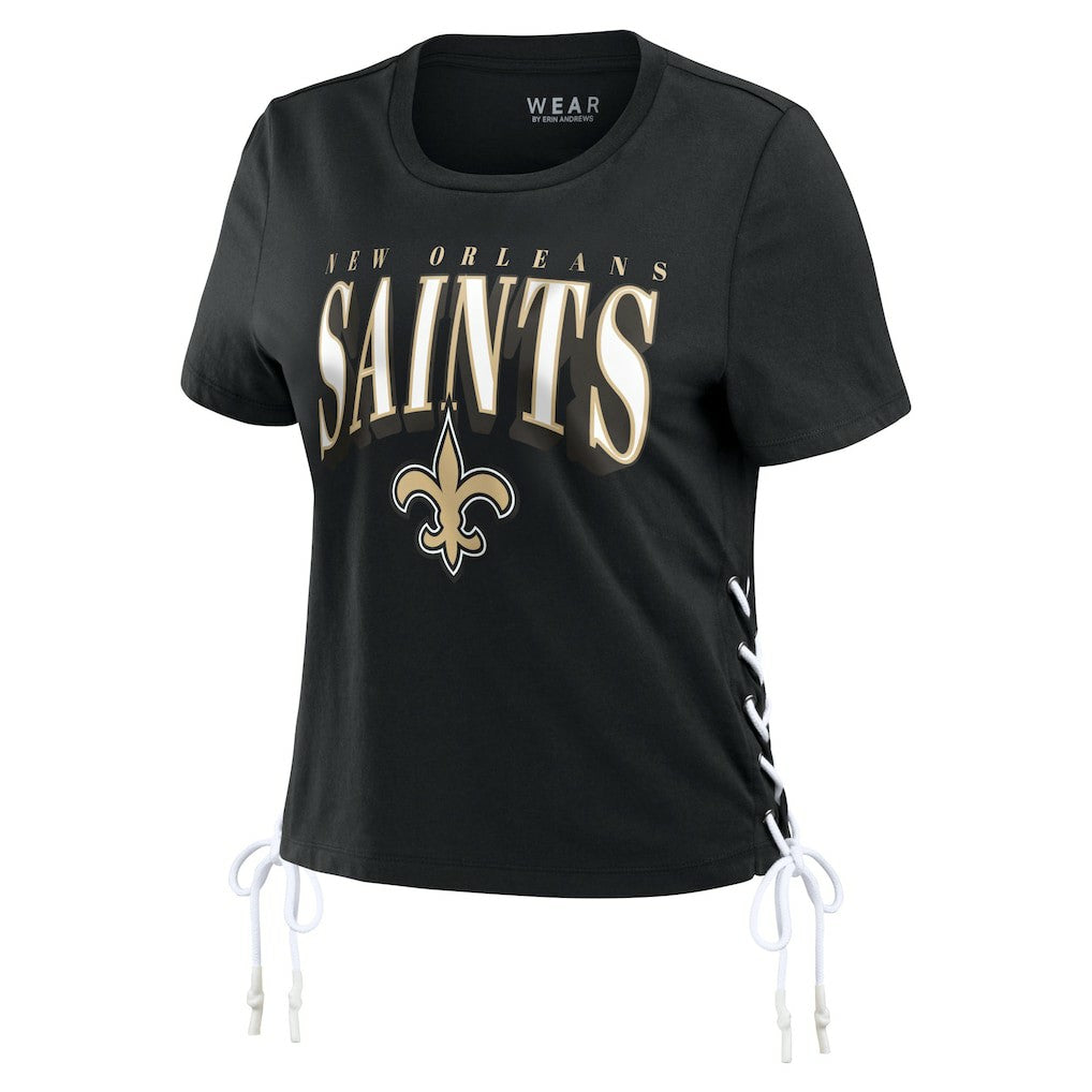 New Orleans Saints WEAR by Erin Andrews Women's Lace Up Side Modest Cropped T-Shirt Black | NFL