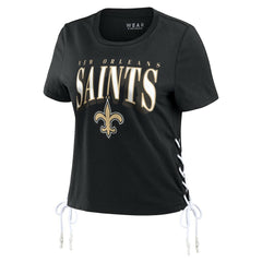 New Orleans Saints WEAR by Erin Andrews Women's Lace Up Side Modest Cropped T-Shirt Black | NFL