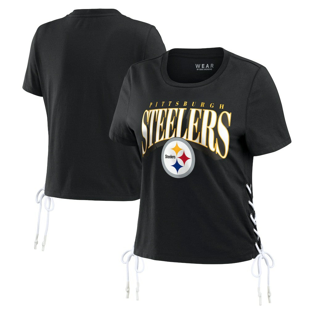 Pittsburgh Steelers WEAR by Erin Andrews Women's Lace Up Side Modest Cropped T-Shirt Black | NFL