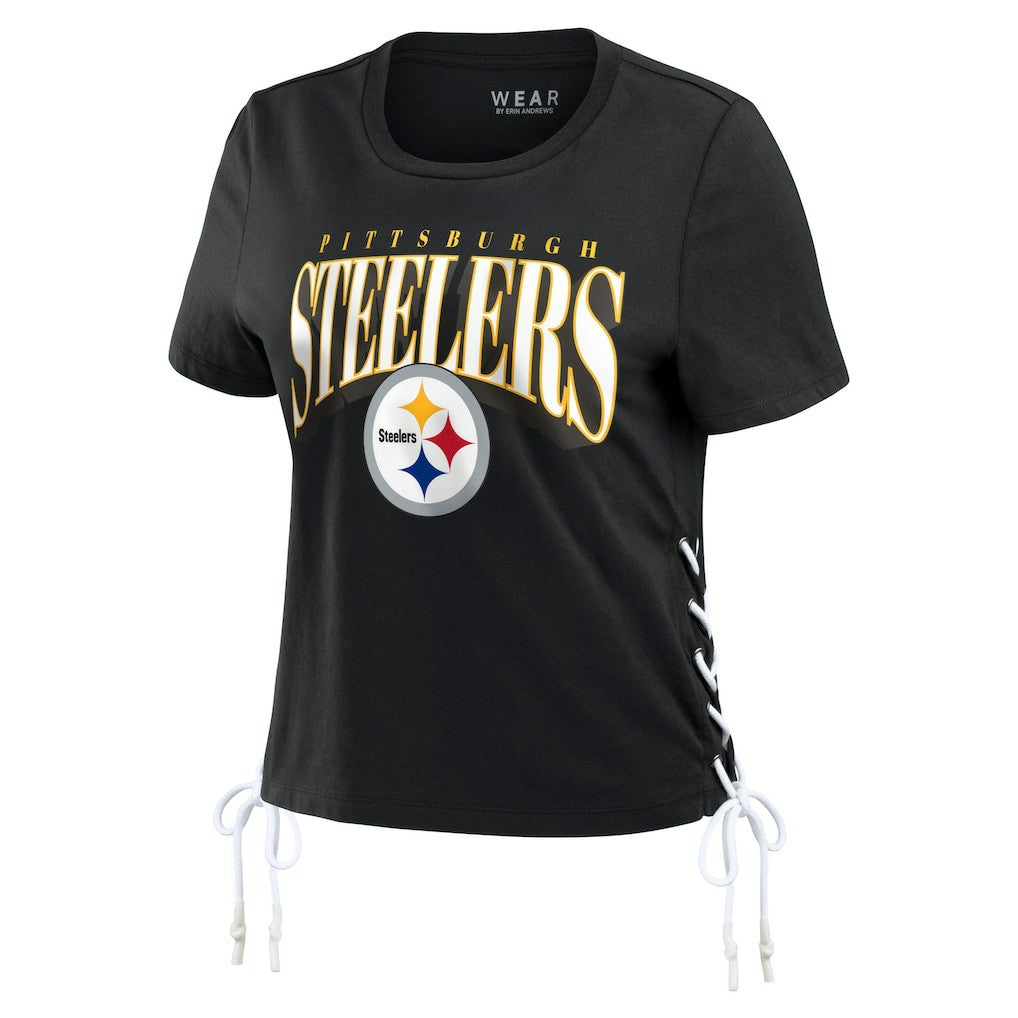 Pittsburgh Steelers WEAR by Erin Andrews Women's Lace Up Side Modest Cropped T-Shirt Black | NFL