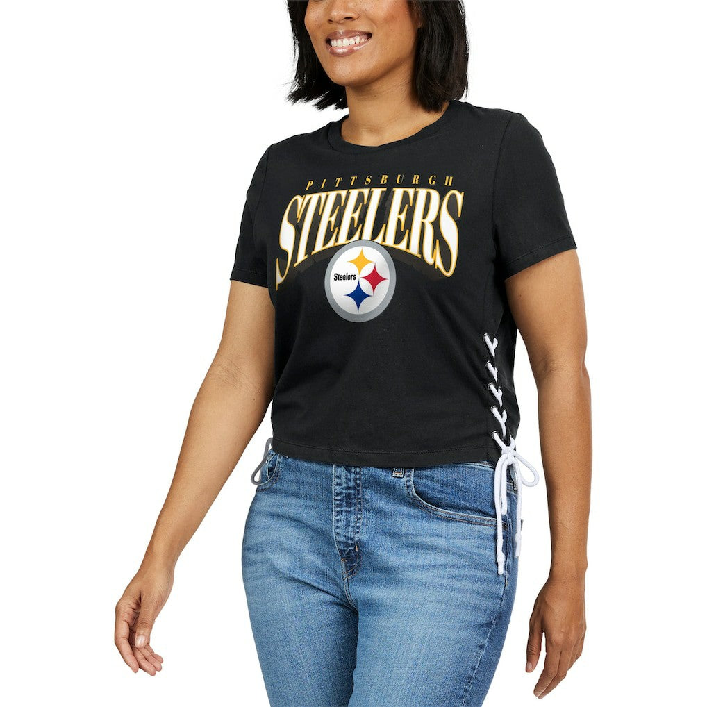 Pittsburgh Steelers WEAR by Erin Andrews Women's Lace Up Side Modest Cropped T-Shirt Black | NFL