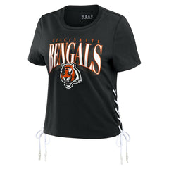 Cincinnati Bengals WEAR by Erin Andrews Women's Lace Up Side Modest Cropped T-Shirt Black | NFL