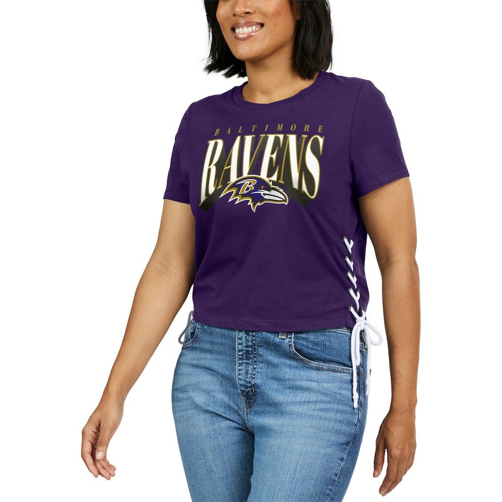 Baltimore Ravens WEAR by Erin Andrews Women's Lace Up Side Modest Cropped T-Shirt Purple | NFL