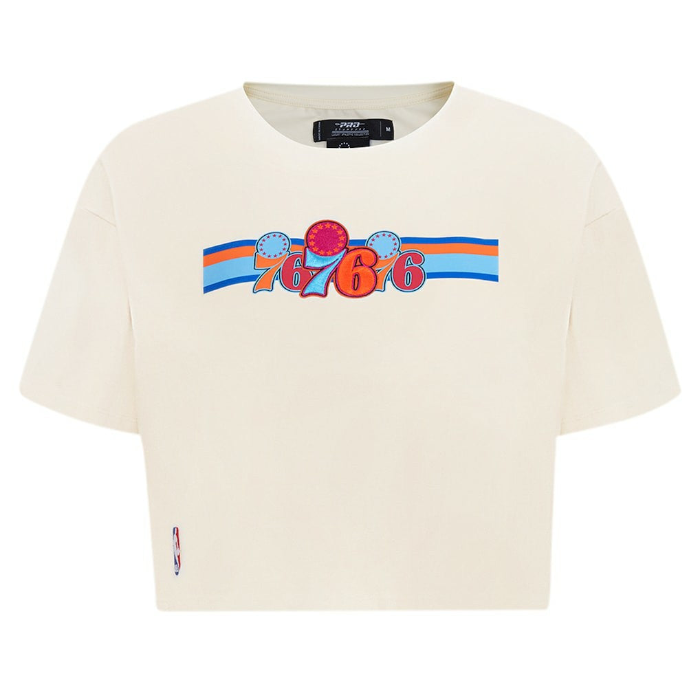Philadelphia 76ers Pro Standard Women's Retro Striper SJ Cropped Boxy T-Shirt Cream - NBA