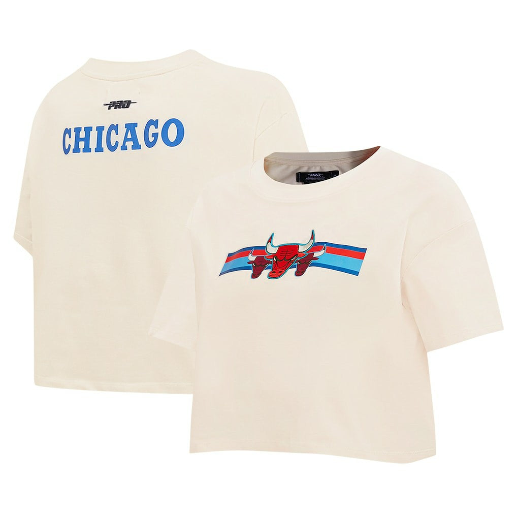 Chicago Bulls Pro Standard Women's Retro Striper SJ Cropped Boxy T-Shirt Cream - NBA