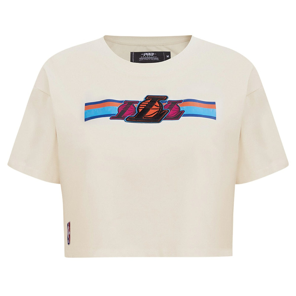 Los Angeles Lakers Pro Standard Women's Retro Striper SJ Cropped Boxy T-Shirt Cream - NBA