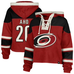 Sebastian Aho Carolina Hurricanes '47 Women's Superior Lacer Cropped Pullover Hoodie - Red - NHL