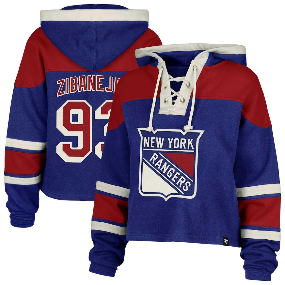 Mika Zibanejad New York Rangers '47 Women's Superior Lacer Cropped Pullover Hoodie - Blue - NHL