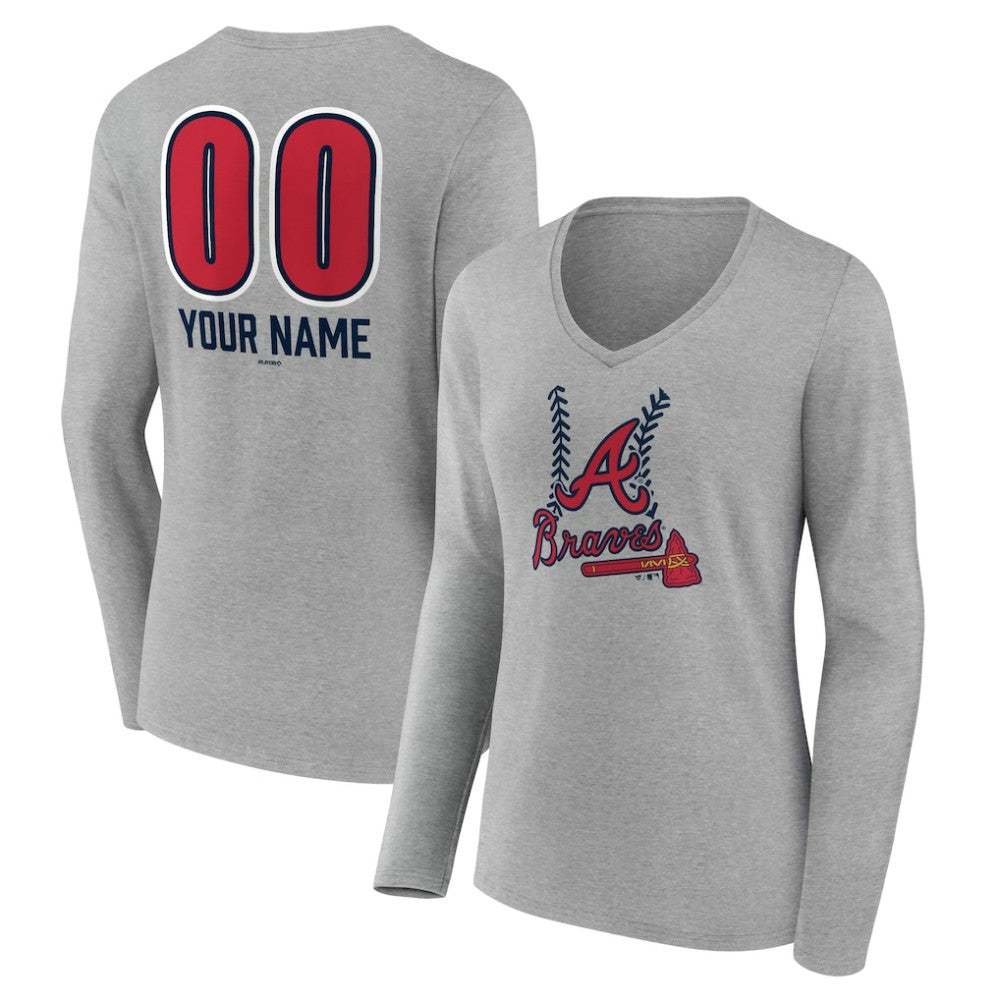 Atlanta Braves Women's Personalized Name & Number Fastball Long Sleeve V-Neck T-Shirt - MLB