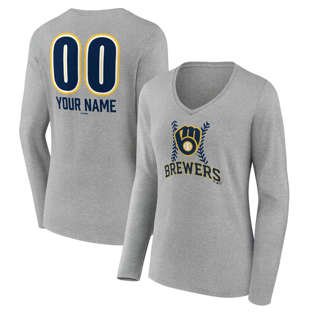 Milwaukee Brewers Women's Personalized Name & Number Fastball Long Sleeve V-Neck T-Shirt - MLB