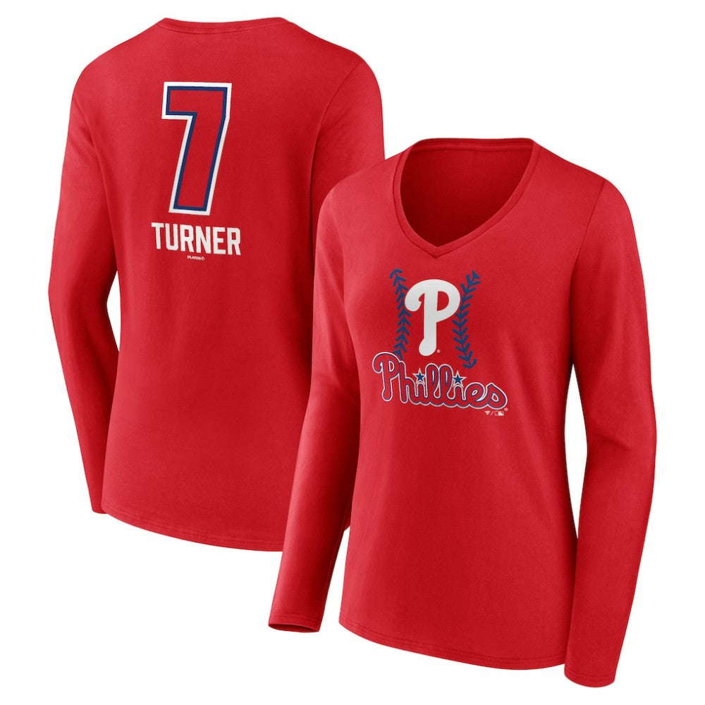 Trea Turner Philadelphia Phillies Women's Fastball Player Name & Number Long Sleeve V-Neck T-Shirt - MLB