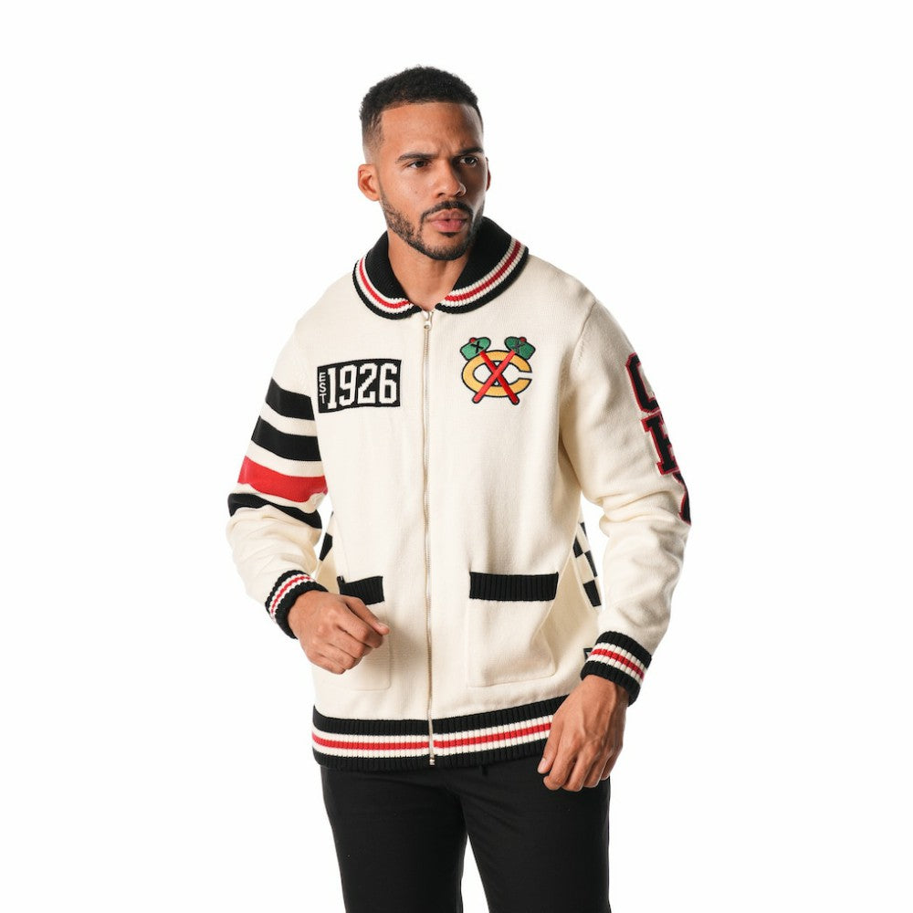 Chicago Blackhawks The Wild Collective Unisex Jacquard Full-Zip Sweater - Cream - NHL
