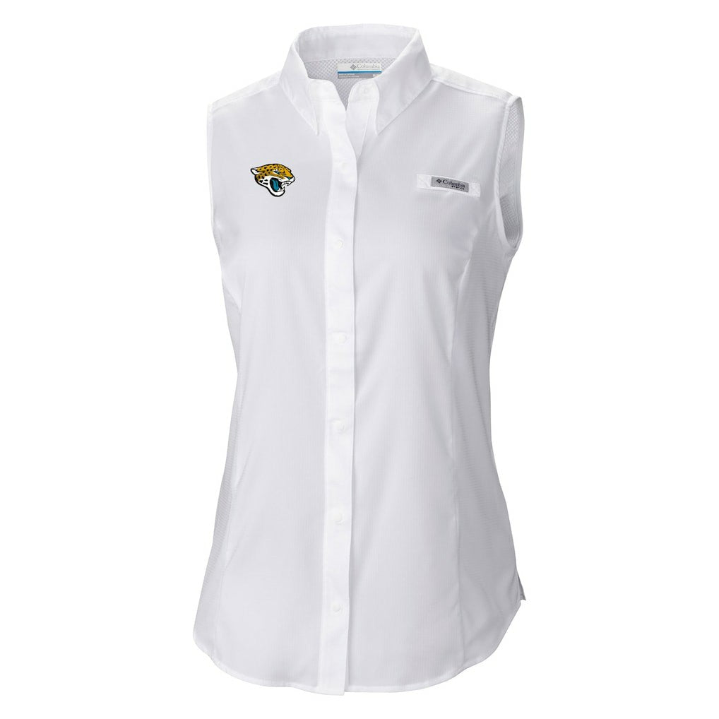 Jacksonville Jaguars Women's PFG Tamiami Omni-Shade Sleeveless Button-Up Shirt White | Columbia