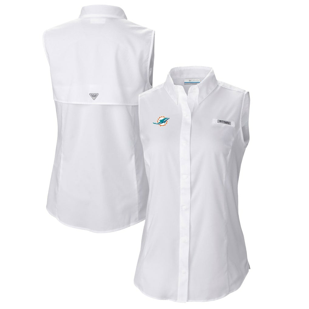 Miami Dolphins Women's PFG Tamiami Omni-Shade Sleeveless Button-Up Shirt White | Columbia