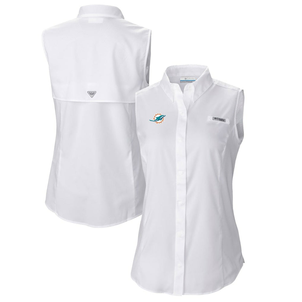 Miami Dolphins Women's PFG Tamiami Omni-Shade Sleeveless Button-Up Shirt White | Columbia