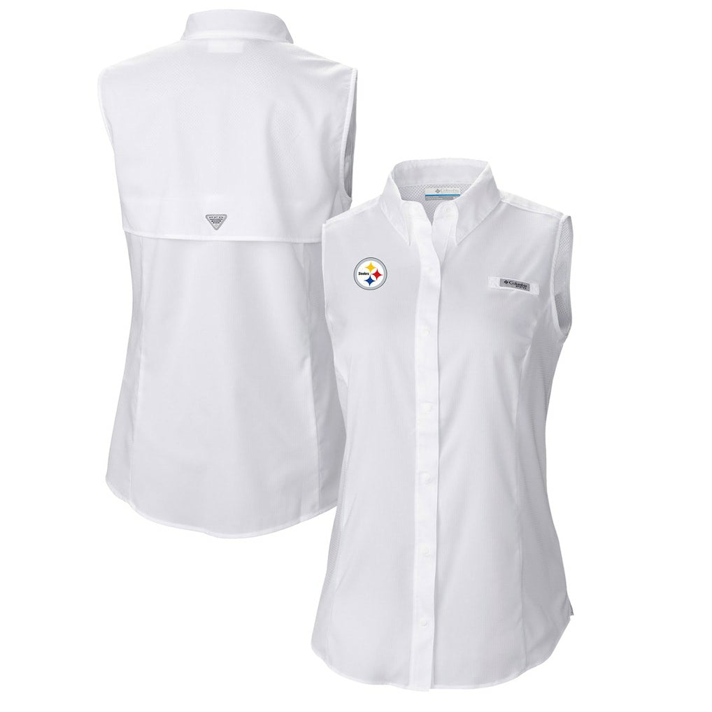 Pittsburgh Steelers Women's PFG Tamiami Omni-Shade Sleeveless Button-Up Shirt White | Columbia