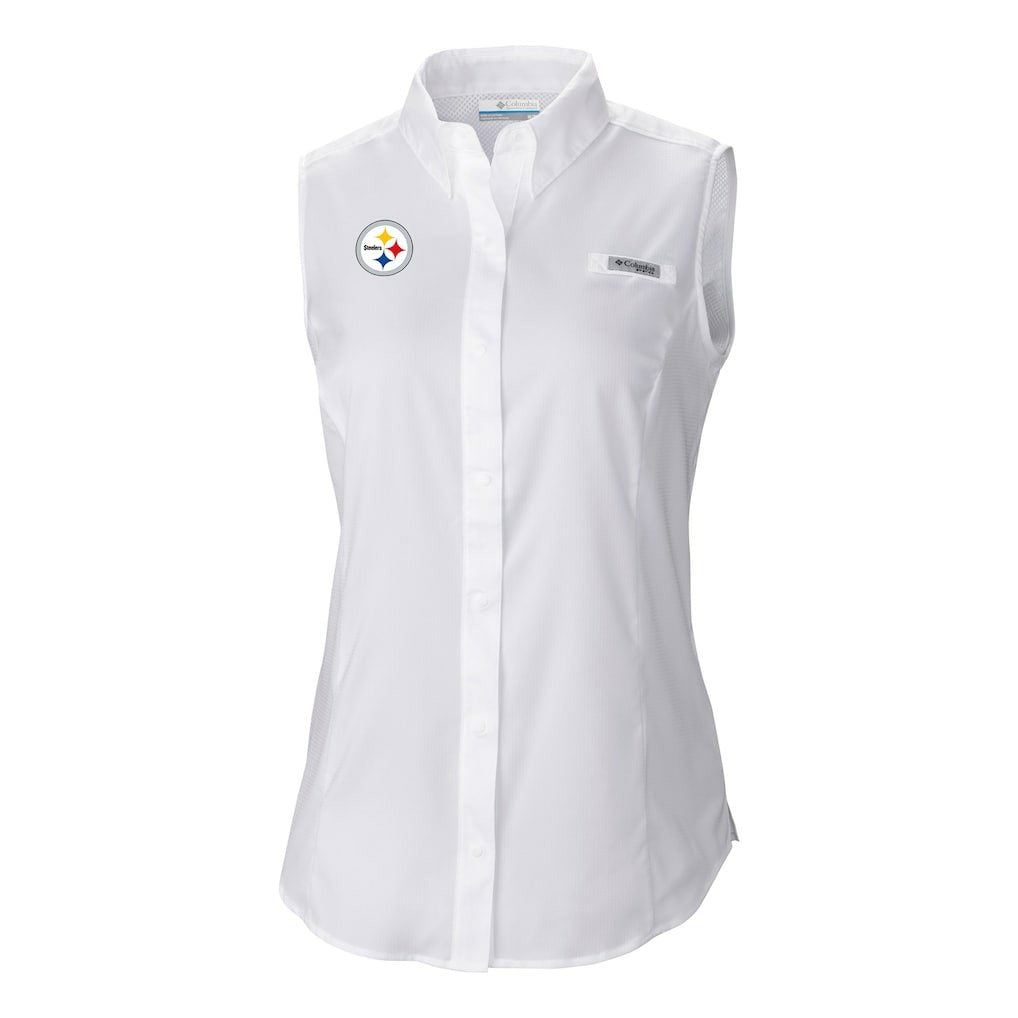 Pittsburgh Steelers Women's PFG Tamiami Omni-Shade Sleeveless Button-Up Shirt White | Columbia