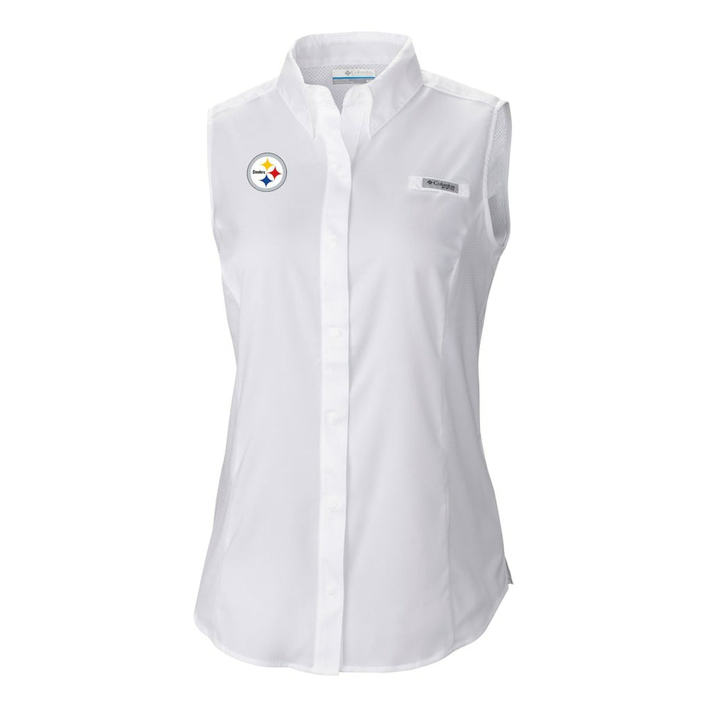 Pittsburgh Steelers Women's PFG Tamiami Omni-Shade Sleeveless Button-Up Shirt White | Columbia