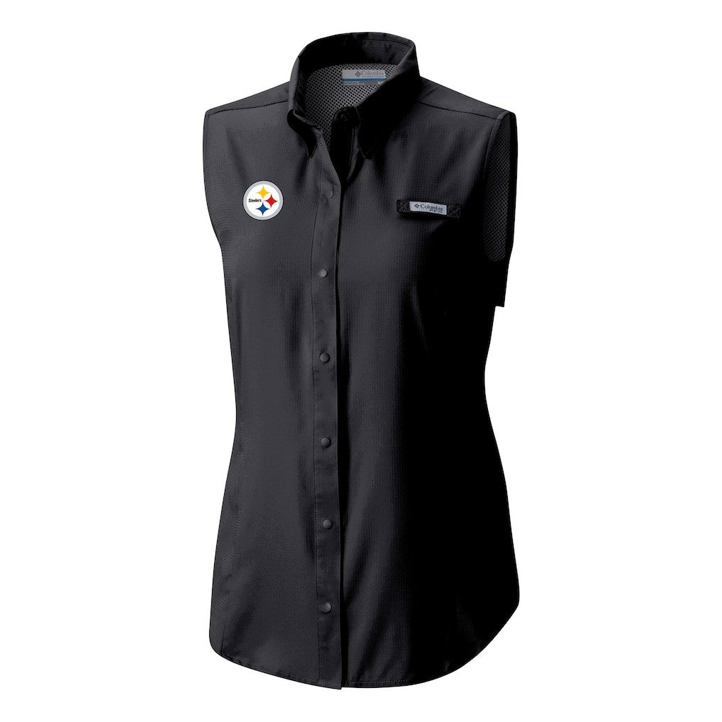 Pittsburgh Steelers Women's PFG Tamiami Omni-Shade Sleeveless Button-Up Shirt Black | Columbia