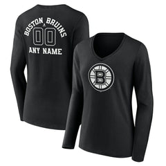 Boston Bruins Women's Personalized Name & Number Monochrome Long Sleeve V-Neck T-Shirt - Black - NHL