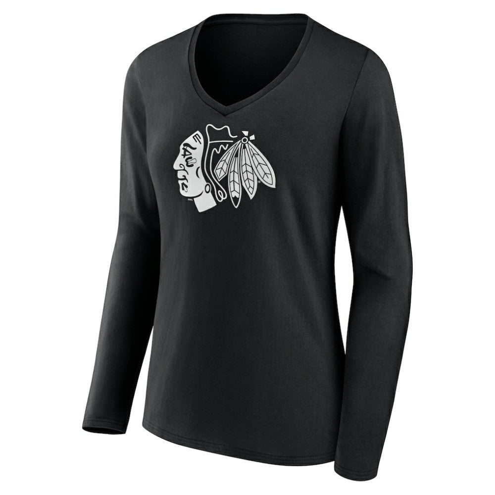 Chicago Blackhawks Women's Personalized Name & Number Monochrome Long Sleeve V-Neck T-Shirt - Black - NHL