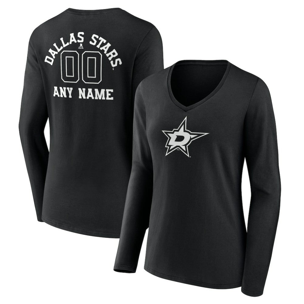 Dallas Stars Women's Personalized Name & Number Monochrome Long Sleeve V-Neck T-Shirt - Black - NHL