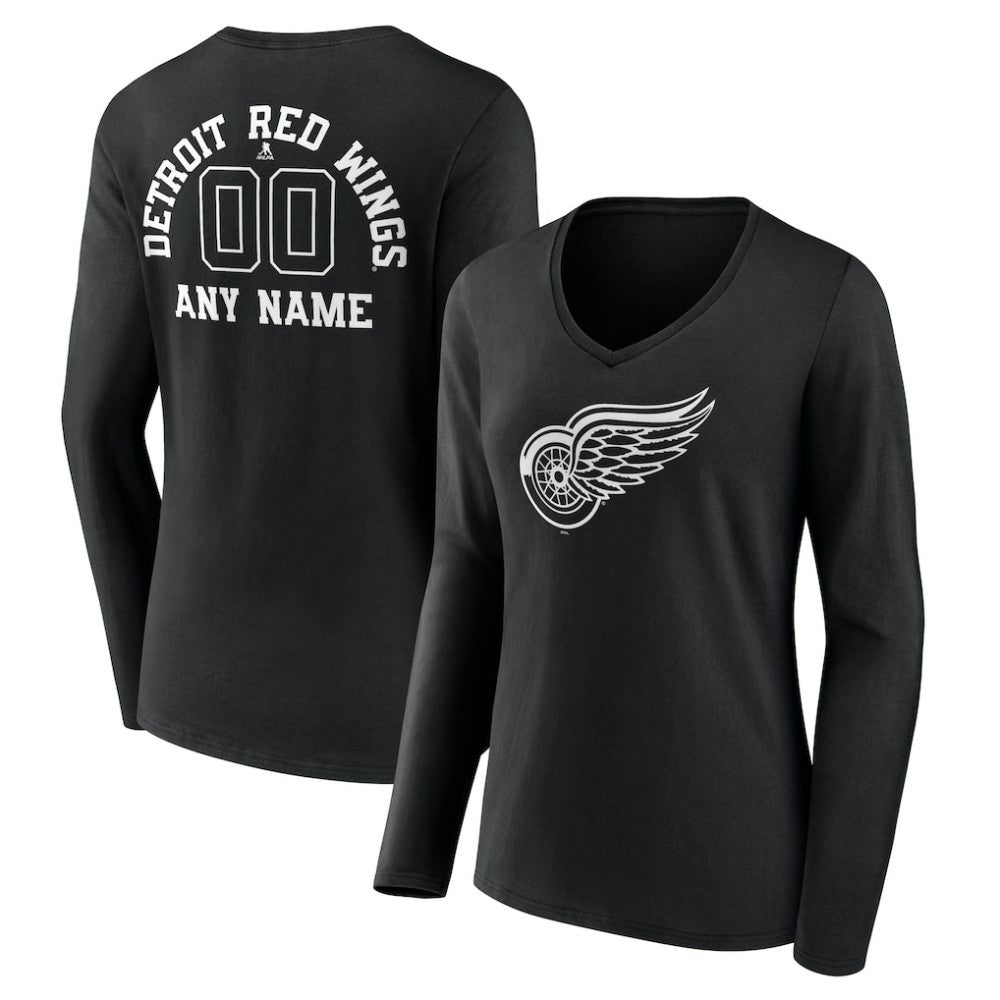 Detroit Red Wings Women's Personalized Name & Number Monochrome Long Sleeve V-Neck T-Shirt - Black - NHL