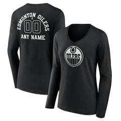 Edmonton Oilers Women's Personalized Name & Number Monochrome Long Sleeve V-Neck T-Shirt - Black - NHL