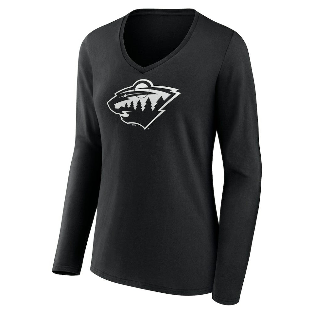 Minnesota Wild Women's Personalized Name & Number Monochrome Long Sleeve V-Neck T-Shirt - Black - NHL