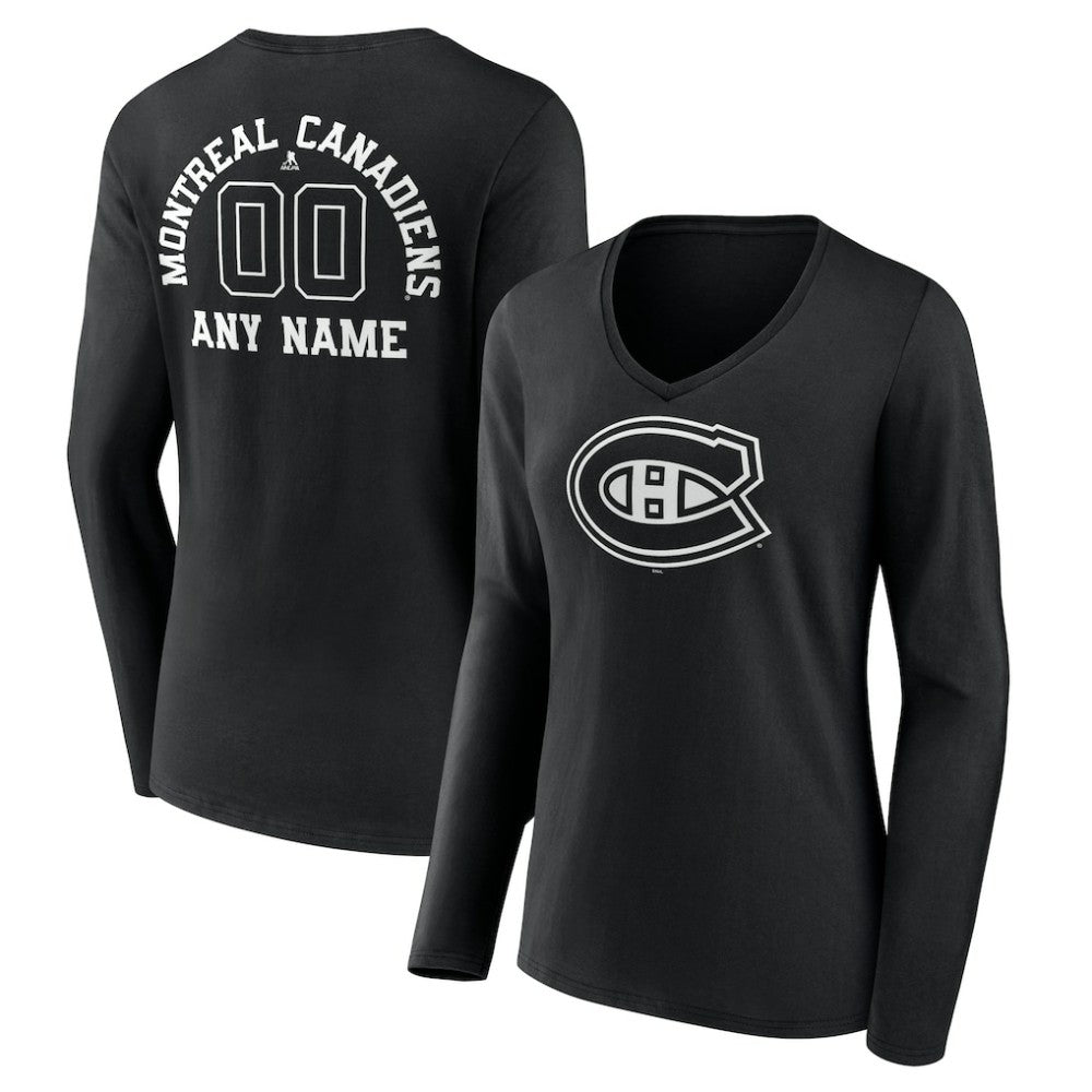 Montreal Canadiens Women's Personalized Name & Number Monochrome Long Sleeve V-Neck T-Shirt - Black - NHL