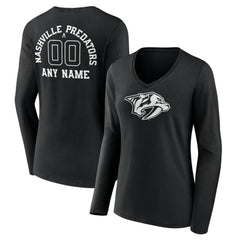 Nashville Predators Women's Personalized Name & Number Monochrome Long Sleeve V-Neck T-Shirt - Black - NHL