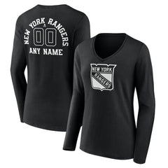 New York Rangers Women's Personalized Name & Number Monochrome Long Sleeve V-Neck T-Shirt - Black - NHL
