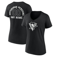 Pittsburgh Penguins Women's Personalized Name & Number Monochrome V-Neck T-Shirt - Black - NHL