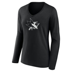 San Jose Sharks Women's Personalized Name & Number Monochrome Long Sleeve V-Neck T-Shirt - Black - NHL