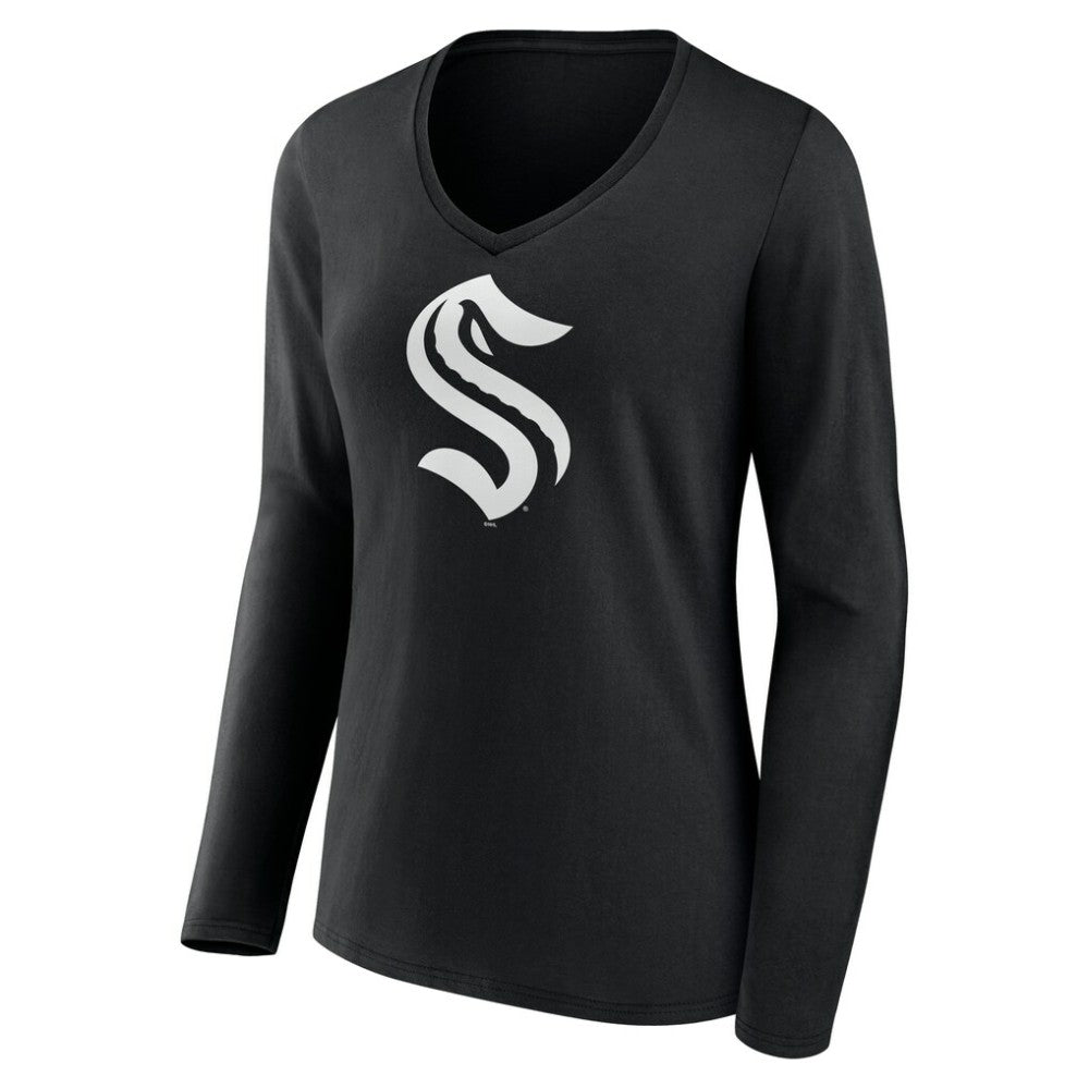 Seattle Kraken Women's Personalized Name & Number Monochrome Long Sleeve V-Neck T-Shirt - Black - NHL