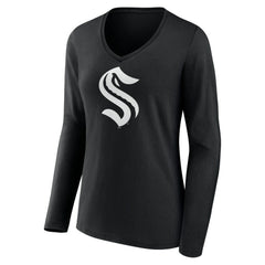 Seattle Kraken Women's Personalized Name & Number Monochrome Long Sleeve V-Neck T-Shirt - Black - NHL